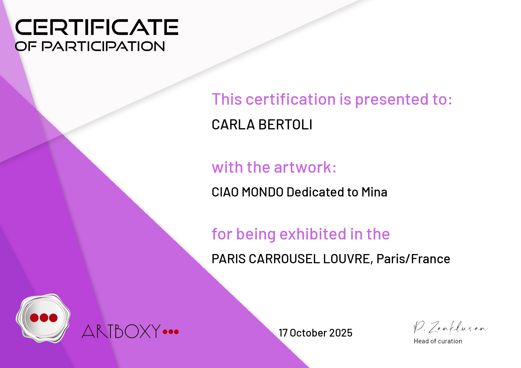 Artboxy Carrousel du Louvre Paris - CIAO MONDO - Dedicated to Mina - Anno 2025